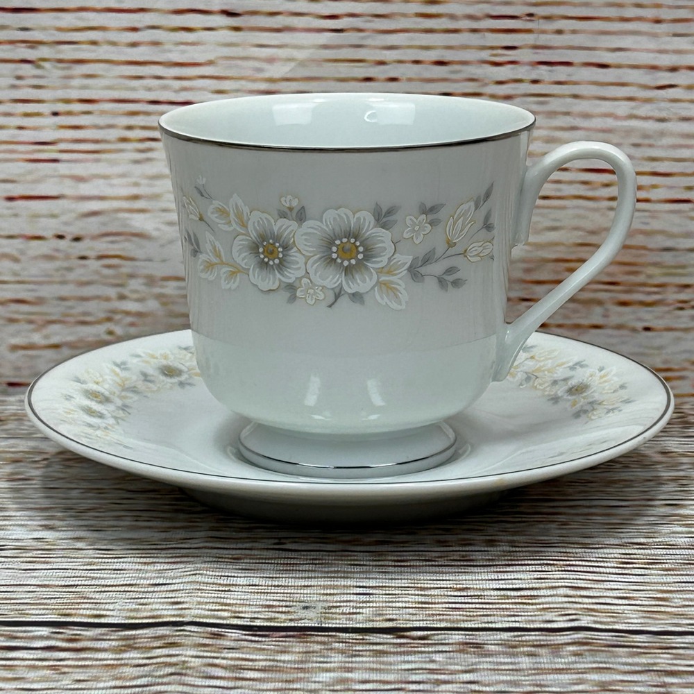 Carlton Japan Andover‎ 482 Fine China Teacup and Saucer Set Gray Floral Silver
